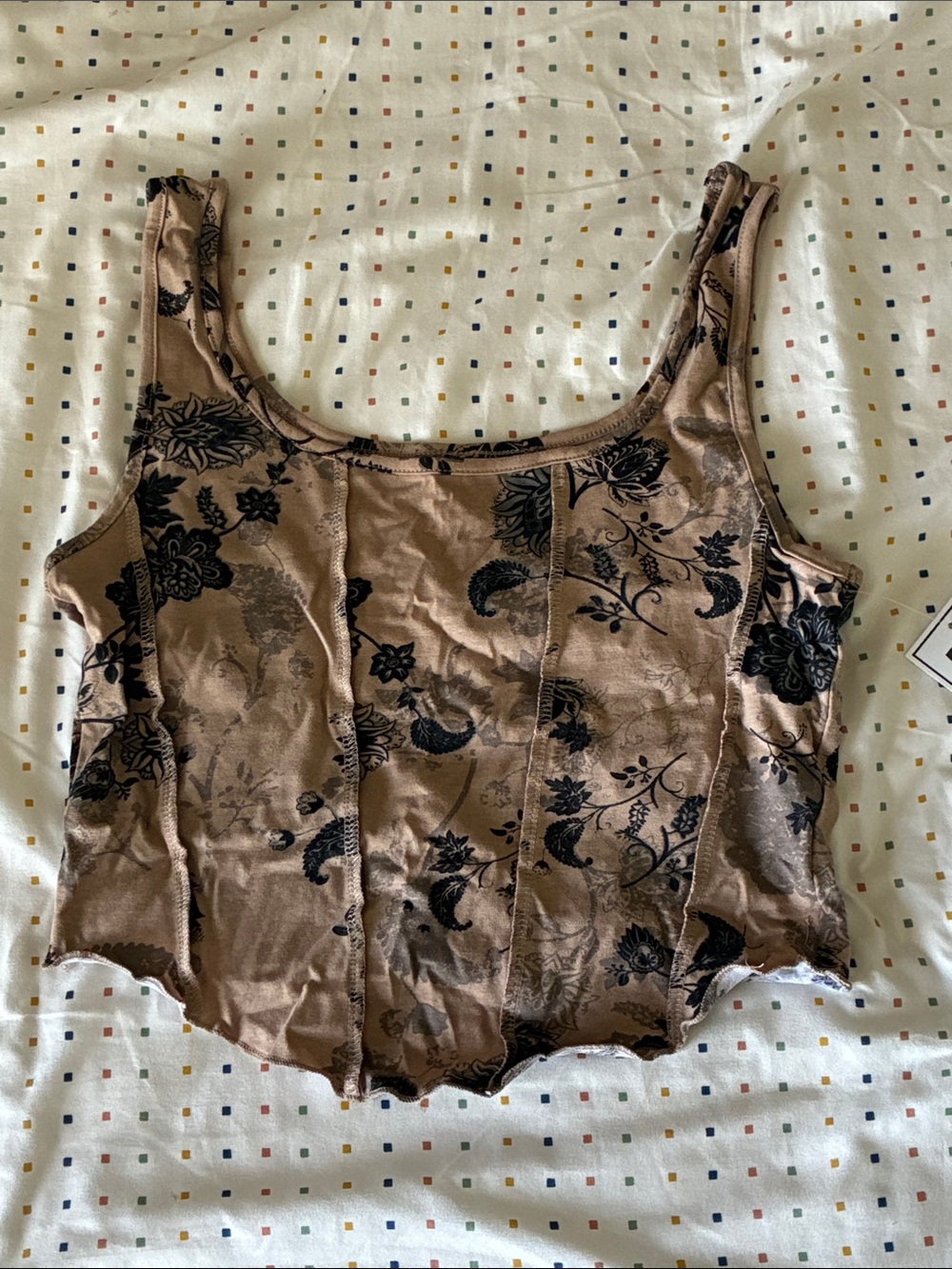 Brown Floral Print Scoop Neck Crop Tank Top